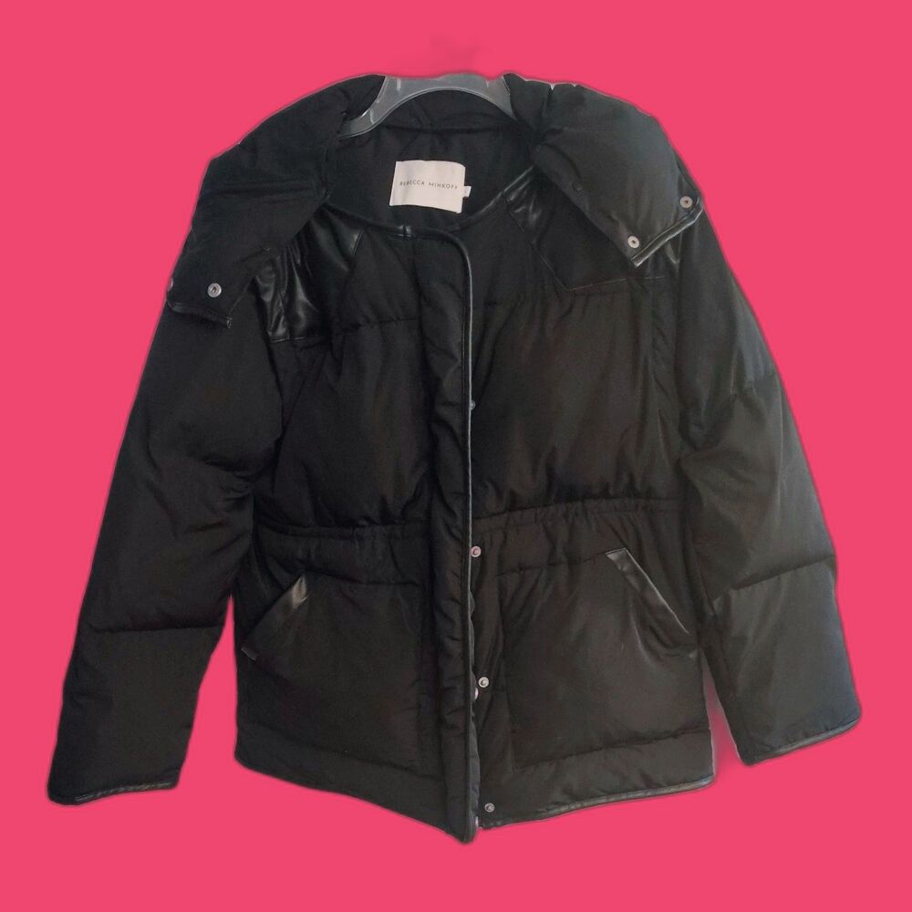 Rebecca Minkoff Mia Hooded Down Puffer Jacket Size L Winter Black Snow Fall - Picture 1 of 10